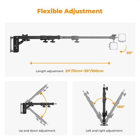 Wall Mount Boom Arm For Ring Light Softbox And Reflector, 39.4 Inch Adjustable Length, 180 Degree Rotation, adjustment diagram