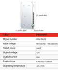 Workhorse 350W Single Output Switching Power Supply With Straight Up 12V 29A Delivery And Selectable Dual Voltage Input side view with specifications