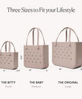 Three mushroom-colored tote bags in small, medium, and large sizes, including Original Large Tote Bag That Is Durable, Washable, And Tip-Proof For Beach, Pool, Boat, Work, And Sports, Mushroom Color Your Go-To Beach Ready Carryall With Two Clear Insert Bags For Phones, Keys, And Snacks.
