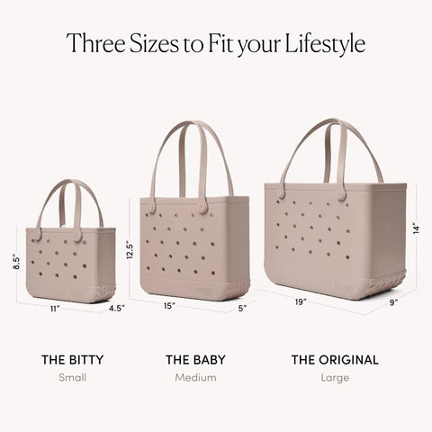 Three mushroom-colored tote bags in small, medium, and large sizes, including Original Large Tote Bag That Is Durable, Washable, And Tip-Proof For Beach, Pool, Boat, Work, And Sports, Mushroom Color Your Go-To Beach Ready Carryall With Two Clear Insert Bags For Phones, Keys, And Snacks.