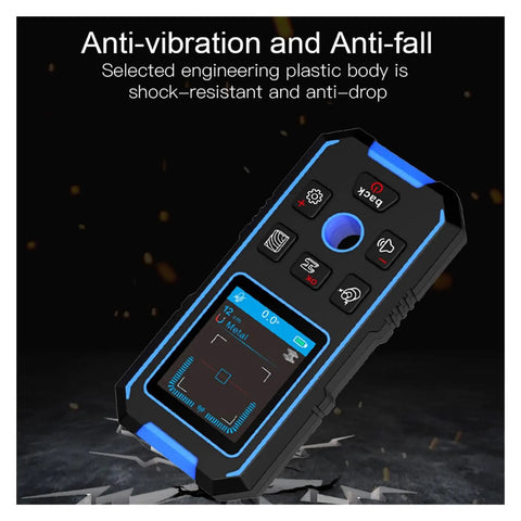 Heavy Duty Handheld No Sweat Stud Finder And Wall Scanner With Bright Digital Display showing shock-resistant design and screen.