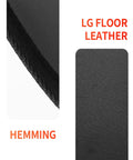 Close-up of electric heated floor mat for feet under desk at office and home, showing hemming and leather texture details.