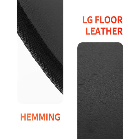 Close-up of electric heated floor mat for feet under desk at office and home, showing hemming and leather texture details.