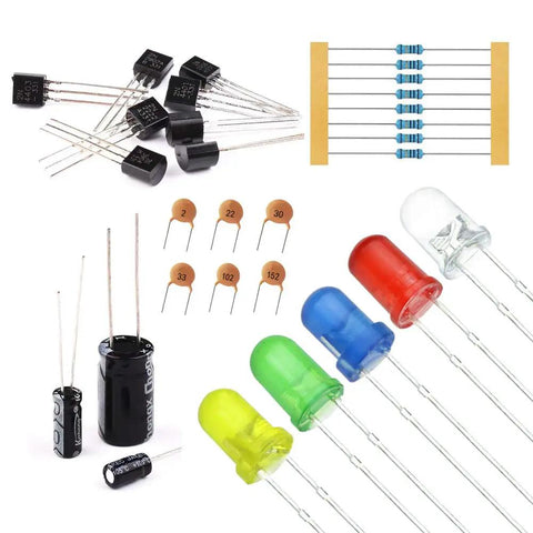 All In One Electronic Component Kit With 1390 Pieces Including LED Diodes, Metal Film Resistors, Electrolytic Capacitors, Ceramic Capacitors, Common Diodes And Transistors In Handy Storage Box featuring assorted electronic components