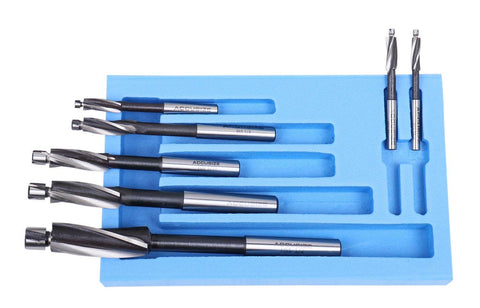 H.S.S. Solid Cap Screw Counterbore Set, 7 Piece, 3 Flute, Straight Shank, Inch Size Counterbores for Cap Screws in blue holder