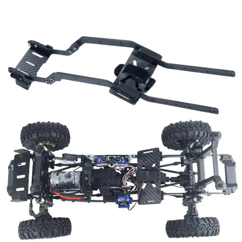 Beefy Carbon Fiber RC Chassis Frame Upgrade Kit for one tenth scale crawlers shown mounted with wheels and drivetrain components.
