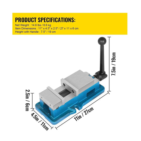 3 Inch Lockdown Bench Vice With Bulletproof Cast Iron Build And Thickened Jaw Plates For Milling Drilling And Cnc Work, dimensions shown.