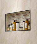 Recessed Shower Niche 16 By 28 Inches Black For Tile Ready Shower Storage installed in tiled bathroom wall with bath products