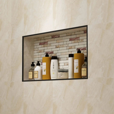 Recessed Shower Niche 16 By 28 Inches Black For Tile Ready Shower Storage installed in tiled bathroom wall with bath products