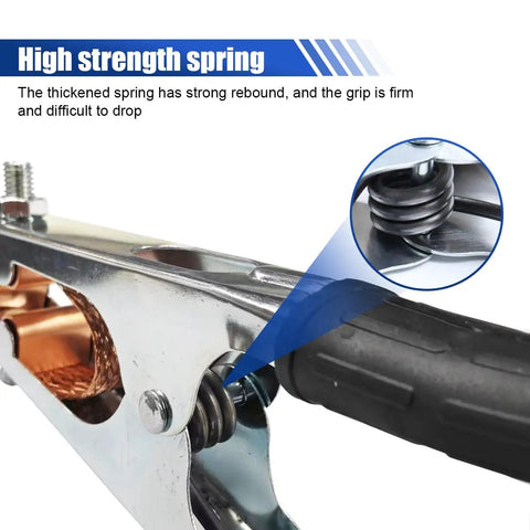 Heavy Duty 500A Copper Welding Ground Clamp Electroplated Ground Clip showing strong spring detail for welders.