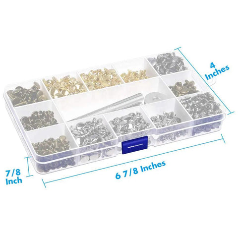 Leather Rivet Kit With 480 Sets In 3 Sizes And 4 Colors, Double Cap Tubular Metal Rivets Plus 3 Setting Tools In Plastic Box
