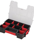 10-Compartment Small Tool Storage Organizer Made From Durable Plastic With Removable Dividers, stackable side latches, open view
