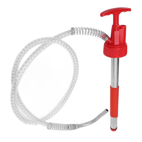 The Ultimate Portable Oil Hand Pump For 5 Gallon Drums with red handle and clear flexible hose for efficient fluid transfer.