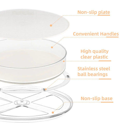 Two Pack 8 Inch Lazy Susan Turntable Organizer With Non Slip Mat And Handles diagram showing design features