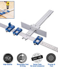 Heavy Duty Aluminum Cabinet Hardware Jig And Precision Drill Guide Sleeve For Dead On Drawer Pull Alignment And Hassle Free Cabinet Door Knob Installation No Sweat with rulers and drill guide.