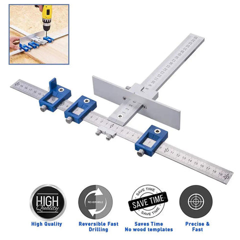 Heavy Duty Aluminum Cabinet Hardware Jig And Precision Drill Guide Sleeve For Dead On Drawer Pull Alignment And Hassle Free Cabinet Door Knob Installation No Sweat with rulers and drill guide.