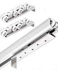 Heavy Duty Aluminum Sliding Barn Door Hardware Kit With Wall Or Ceiling Mount, 9ft Pocket Track For Single Or Double Doors, Easy Installation, Silver Finish, Smooth Quiet Operation, Modern Space Saver. Silver aluminum barn door track with rollers and wall mount bracket.