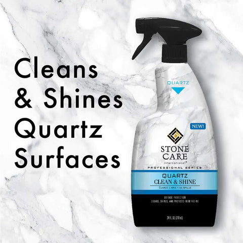 Quartz Countertop Clean And Shine Spray For Sealed Stone Surfaces PH Neutral Gentle On Quartz Prevents Fading From Sunlight Cleans Shines And Protects Your Kitchen Counters Looking Fresh. 24 fl oz bottle on marble surface