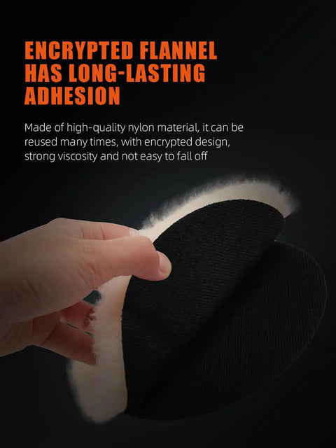 Hand holding Wool Buffing Polishing Pads Set For 6 Inch Car Polisher, 3 Pack (150mm), showing adhesive backing and wool material