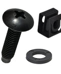 Black 10 32 Slide On Cage Nuts And Screws With Protective Plastic Washers 25 Pack Rack Mount Hardware Kit showing screw, cage nut and washer.