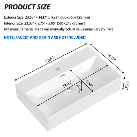Product size details for CHIKESI 24"x14" Wall Mount Sink, White Rectangular with measurements displayed.