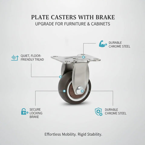 Locking Casters for Heavy Furniture With TPR Rubber Plate Wheels and Chrome Plated Steel Brakes, close-up of wheel and brake system
