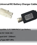 8.4V NiMH NiCd RC Battery Charger With USB Input And Standard Tamiya Plug, shown with label details and plug type KET-2Pin