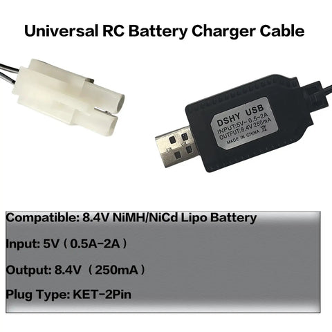 8.4V NiMH NiCd RC Battery Charger With USB Input And Standard Tamiya Plug, shown with label details and plug type KET-2Pin