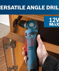 Hands using 12 Volt Max Three Eighth Inch Right Angle Drill Driver Bare Tool With Five Position Rotating Head in cabinet.
