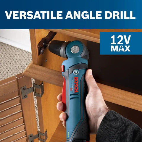 Hands using 12 Volt Max Three Eighth Inch Right Angle Drill Driver Bare Tool With Five Position Rotating Head in cabinet.