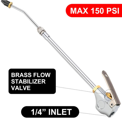 High Flow Industrial Air Blow Gun With Extensible 24 Inch Nozzle featuring brass flow stabilizer valve and 1/4 inch inlet