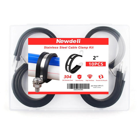 Ten Pack 2 Inch Stainless Steel Cable Clamps with Rubber Cushioned Hose Clamp in Packaging