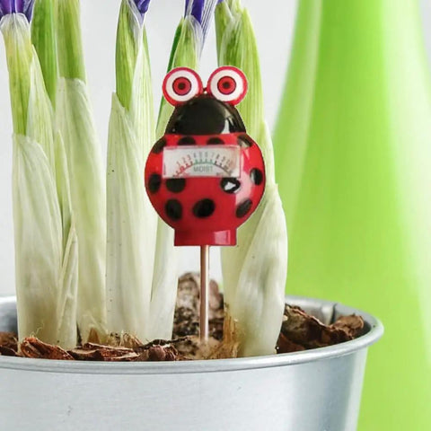 Ladybug Themed Soil Moisture Meter For Indoor And Outdoor Plants With Easy Read Dial Water Saving Garden Gadget To Check Soil Moisture And Help Your Plants Thrive, stuck in soil of a potted plant