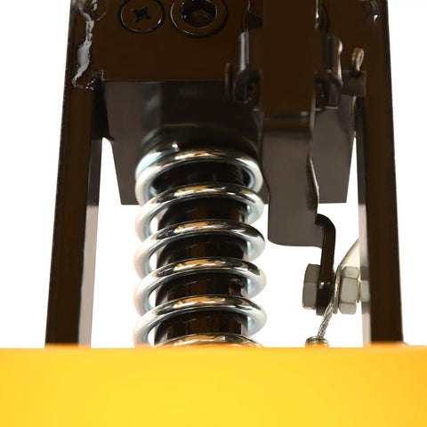 Close-up of hydraulic mechanism and spring on Heavy Duty 500 Lbs Hydraulic Lift Cart With Single Scissor Table Top Lifter And Universal Wheels Plus Rack For Freestanding Workshop Garage Material Handling.