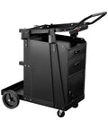 Heavy Duty Welding Cart With 2 Drawers Lockable Cabinet 350 Lbs Capacity 360 Degree Swivel Wheels Tank Storage Safety Chains For MIG TIG Welder And Plasma Cutter, side view showing black steel construction.