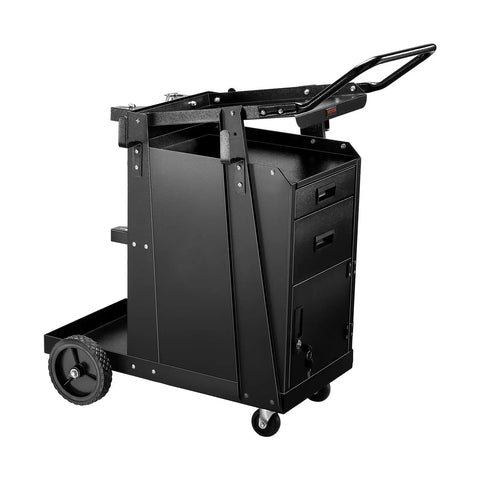 Heavy Duty Welding Cart With 2 Drawers Lockable Cabinet 350 Lbs Capacity 360 Degree Swivel Wheels Tank Storage Safety Chains For MIG TIG Welder And Plasma Cutter, side view showing black steel construction.