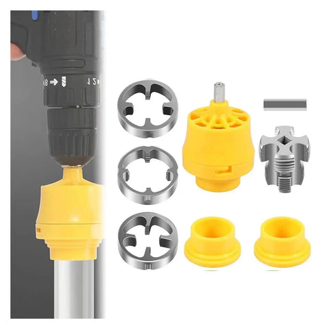 Heavy Duty PVC Pipe Threader Kit With Quick Cut Tool For DIY Plumbing Repairs And Professional Installations To Create Perfect Threads On Plastic Pipes Quickly Without Any Hassle, yellow and silver drill set