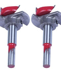 Pair of wood-boring drill bits with red-tipped ends and silver shafts