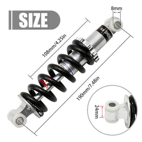 Beefy Rear Shock Absorber And Suspension Spring For Gas Scooters Electric Bikes Mini Motorcycles Dirt Bikes ATVs And Pocket Bikes With 190mm Length And 1200Lb Capacity Heavy Duty Replacement, illustrated with dimensions and measurements