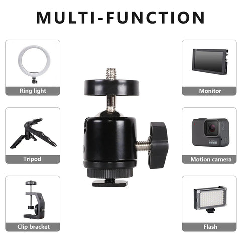 Hot Shoe Mount Adapter With 360 Degree Swivel Mini Ball Head And 1/4 Inch Screw multi-function image usage examples