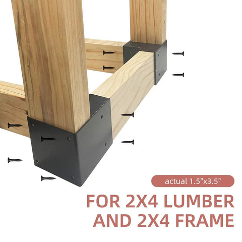 Heavy Duty 3 Way Corner Bracket Kit for custom workbench and shelving, black steel, fits 1.5 by 3.5 inch 2x4 lumber, installed