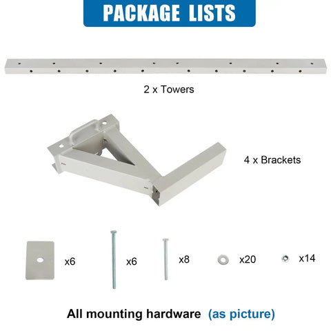 Aluminum Side Mount Ladder Rack For Open And Enclosed Trailers Heavy Duty Wall Mount Carrier For Ladders And Gear With Adjustable Brackets Easy Install Secure Transport On Vans Box Trucks And Trailers package contents with 2 towers, 4 brackets, and mounting hardware