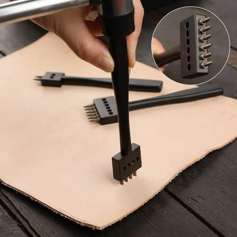 Leather Hole Punch Set Kickass Prong Punch Tool Kit For Leathercraft, 5mm Round Hole Chisel in use on leather