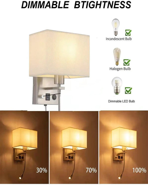 Two Pack Plug In Wall Sconce Set With Dimmable Switches And USB Ports Brushed Nickel Bedside Reading Lamps dimmable lighting options