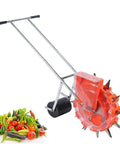 Hand Push Garden Roller Seeder Dispenser Spreader For Terraced Farms And Home Gardens with vegetable illustration