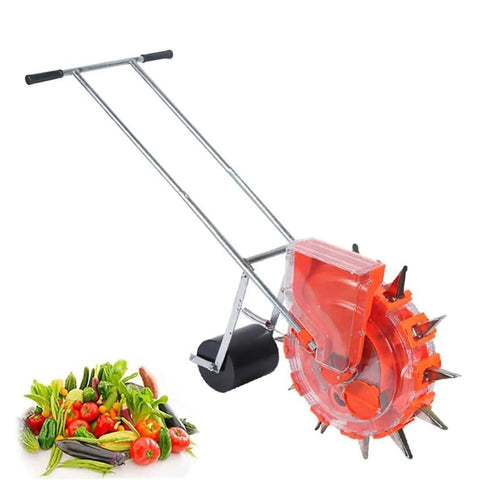 Hand Push Garden Roller Seeder Dispenser Spreader For Terraced Farms And Home Gardens with vegetable illustration