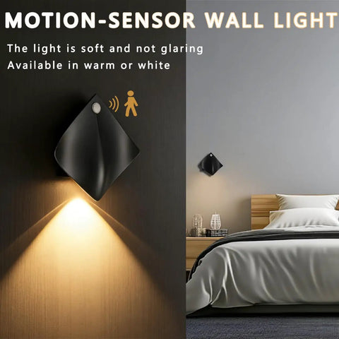 Sthalaxis 3PCS Motion Sensor Wall Lights - Battery Operated LED Wall Sconce Magnetic Wireless Wall Sconces Suitable for Staircases, Hallways, Bedrooms, and Bar Counters (Cold Light) mounted on wall in a darkened bedroom.