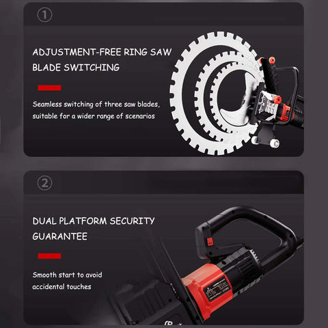 Badass 8900W Brushless Electric Wall Saw With Diamond Blade And Auto Water Cooling For Smooth Concrete Grooving and Rapid Demolition Projects, close-up of adjustable ring saw blades and dual platform security features.
