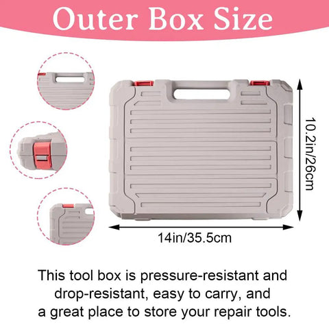 Pink 103 Piece DIY Tool Kit In A Compact Storage Case Built For Women And Beginners With Outer Box Size Dimensions