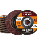 Solid 10 Pack 60 Grit Flap Discs Made From Industrial Aluminum Oxide featuring 4-1/2 inch size for fast metal and wood removal.